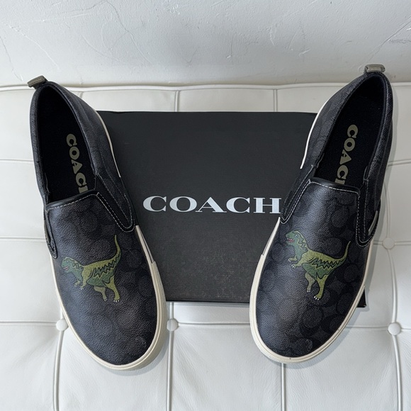 Coach Black and Green Slip-On Sneakers with Dinosaur Design - Picture 1 of 11